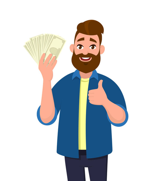 Boldog fiatalember gazdaság pénz/készpénz/bankjegyek és mutatja fel, vagy mint jel remek. Pénzügyi pénz fogalmát. Rajzfilm stílusú vektoros illusztráció. - Vektor, kép