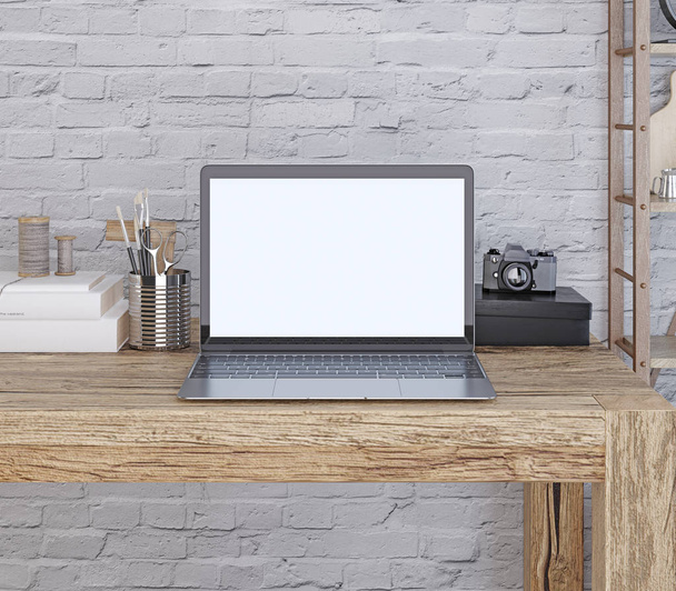 Mockup poster laptop screen on the desktop hipster style. 3D рендеринг
. - Фото, изображение