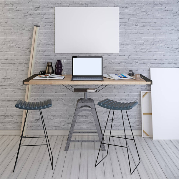 Mockup blank poster on a white brick wall with a laptop on the desktop. 3D render. - Photo, Image
