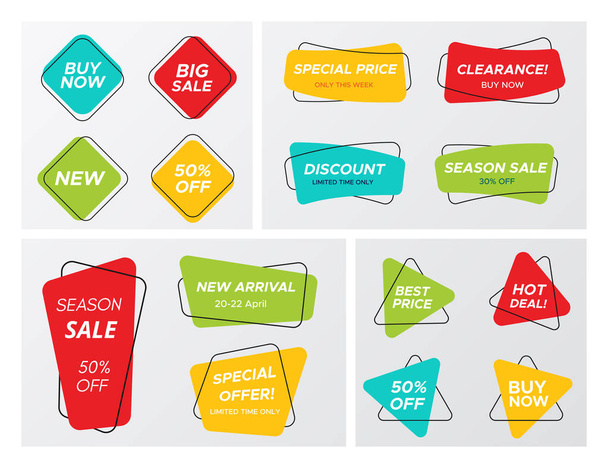 Set of flat geometric sale banner in trendy concept. Bright colors shop clearance label in futuristic shapes with round corners . Vector illustration with sale tags for store discounts or best offers. - Vector, Image