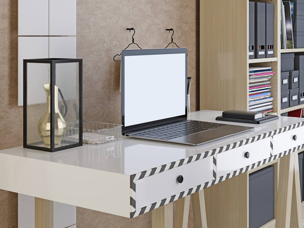 pantalla portátil maqueta en una mesa blanca sobre un fondo beige estilo hipster. Renderizado 3D
. - Foto, imagen