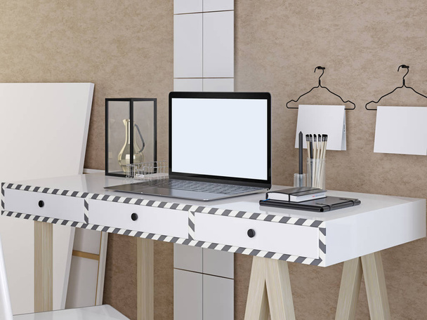 pantalla portátil maqueta en una mesa blanca sobre un fondo beige estilo hipster. Renderizado 3D
. - Foto, Imagen