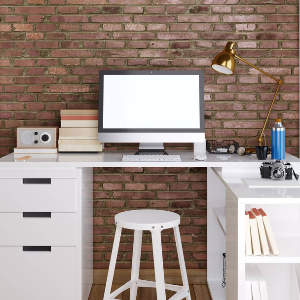mockup monitor on white desktop background on a red brick wall. 3D render. - Photo, Image