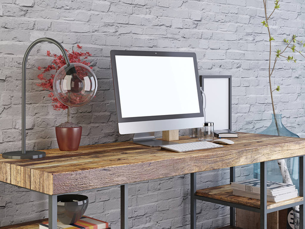 mockup monitor on a wooden desk shipster style. 3D render. - Photo, Image