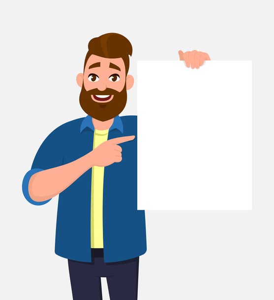 Happy young man holding/showing/displaying white blank board/banner/poster and pointing index finger towards that. Concept illustration in vector cartoon style. - Vector, Image