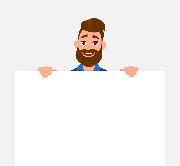 Happy young man holding/showing/displaying white blank board/banner/poster. Concept illustration in vector cartoon style. - Vector, Image