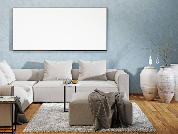 makett poszter üres egy modern belső dekorációval és egy kanapé. 3D render. - Fotó, kép