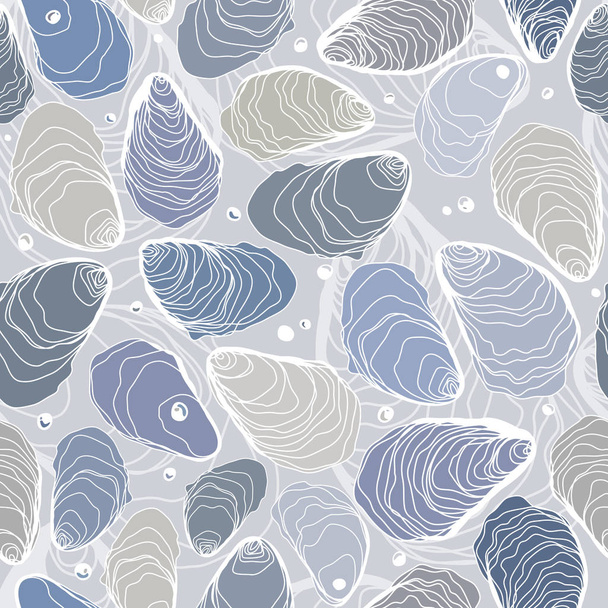 handgezeichnete Pastellblau nahtlose Austern und Perlen Linie Muster - Vektor, Bild