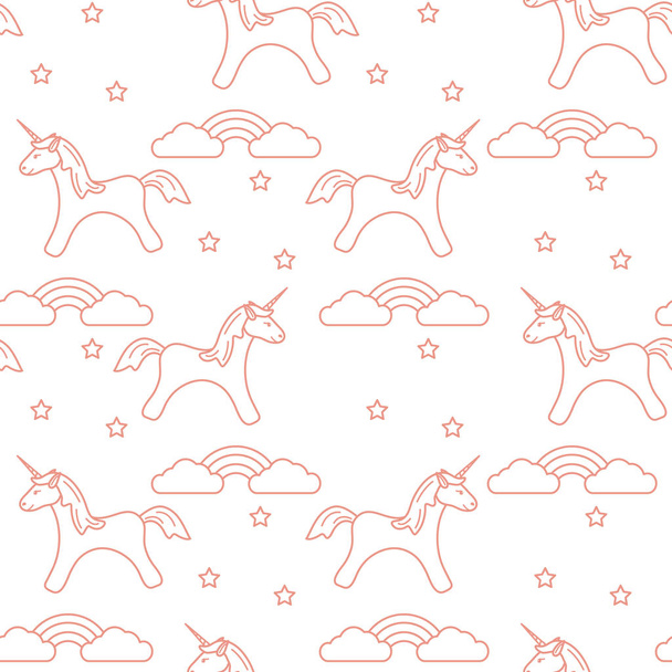 Seamless pattern with magic unicorn and stars, clouds, rainbow. Design for children graphic, t-shirt, cover, gift card. - Вектор,изображение