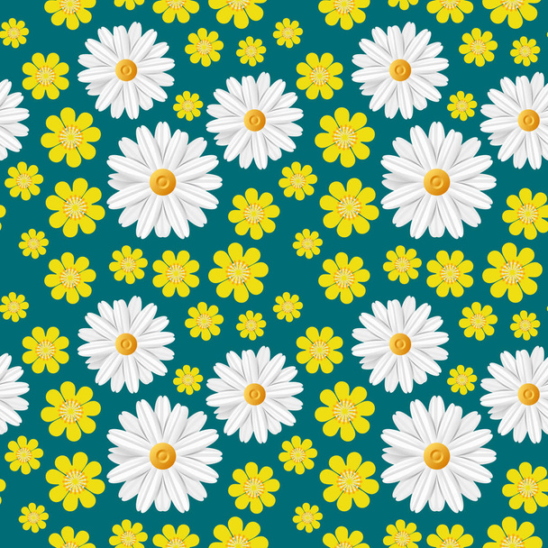 Green spring seamless pattern with light flowers: white camomile and yellow buttercup isolated on dark blue background. Abstract summer floral texture. Vector illustration - Vector, Imagen