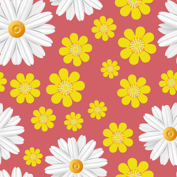 Bright spring seamless pattern with light flowers: white camomile and yellow buttercup isolated on red background. Abstract summer floral texture. Vector illustration - Vektor, kép