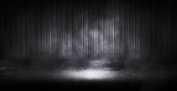 sfondo di una stanza buia e vuota con fumo, pavimento in cemento e pareti in legno
 - Foto, immagini