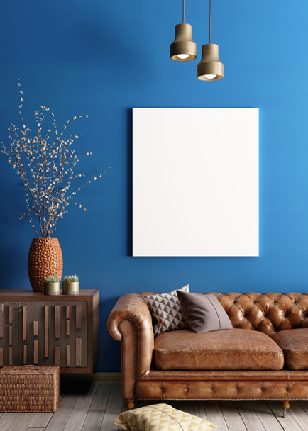 Poster-Attrappe im Retro-Interieur, blau mit braun, Sofa, Kronleuchter, Kommode. 3D-Darstellung. - Foto, Bild