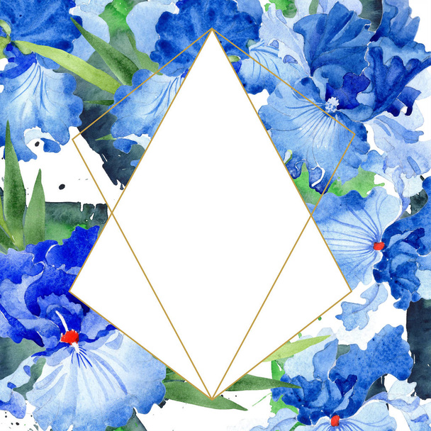 Watercolor blue iris flower. Floral botanical flower. Frame border ornament square. Aquarelle wildflower for background, texture, wrapper pattern, frame or border. - Fotografie, Obrázek