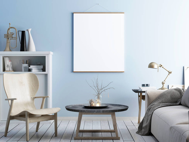 simular cartaz no interior escandinavo com apartamento com mobiliário moderno e elegante. Renderização 3d
. - Foto, Imagem