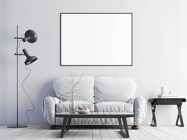 poster üzerinde modern bir iç beyaz bir kanepe ile beyaz bir duvar kadar alay et. 3D render. - Fotoğraf, Görsel
