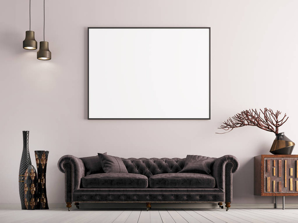 póster burlón en estilo clásico interior con sofá marrón y planta. 3d renderizar
 - Foto, Imagen