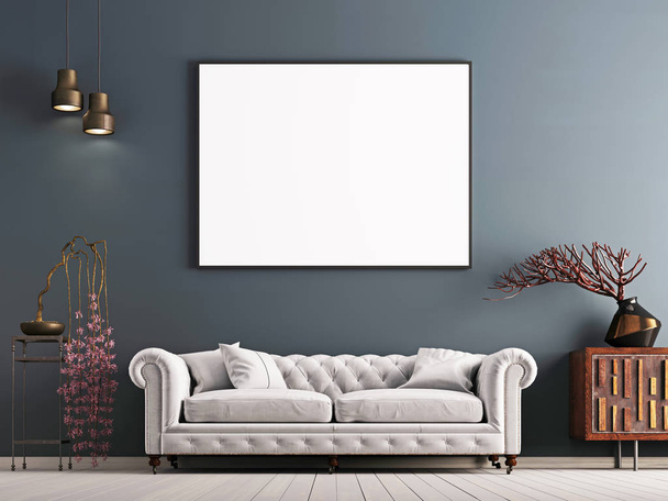 póster burlón en la pared gris en estilo clásico interior con sofá blanco, y la decoración. 3d renderizar
 - Foto, Imagen