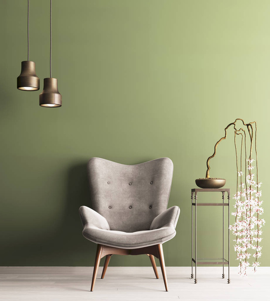lege muur met stoel & plant op tafel, minimalisme loft interieur achtergrond, 3D-rendering, 3d illustratie - Foto, afbeelding