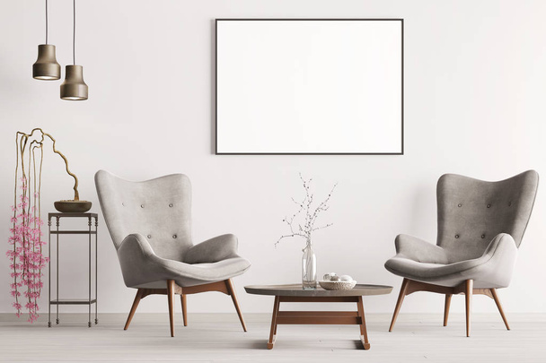 Зробити плакат в пастельному інтер'єрі класичного стилю з м'якими кріслами, рослинами і лампами. 3D візуалізація
 - Фото, зображення