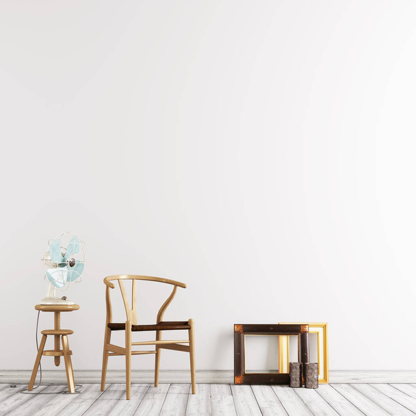 Neutraal interieur mockup met houten stoel, teable met ventilator in lege muur achtergrond. 3D-rendering. - Foto, afbeelding