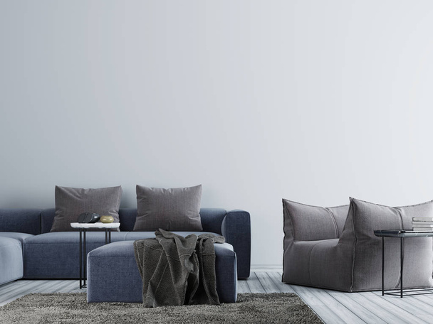 Lege muur in geavanceerde woonkamer interieur met weefsel sofa, stoel en tafel. 3D-rendering - Foto, afbeelding