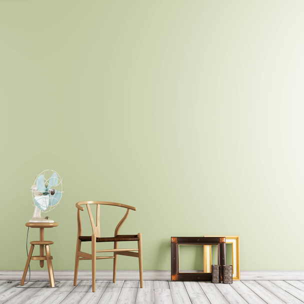Нейтральный макет интерьера с деревянным стулом, с вентилятором на пустом фоне стены. 3D рендеринг
. - Фото, изображение