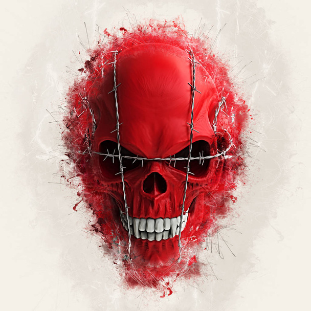 Red vampire skull bound in barb wire - paint splashes - Photo, Image