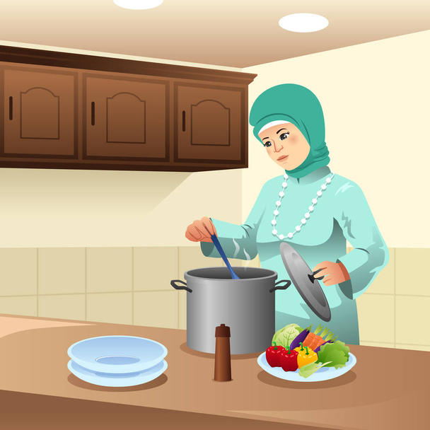 Μια εικονογράφηση διάνυσμα μουσουλμανική γυναίκα μαγείρεμα στο σπίτι - Διάνυσμα, εικόνα