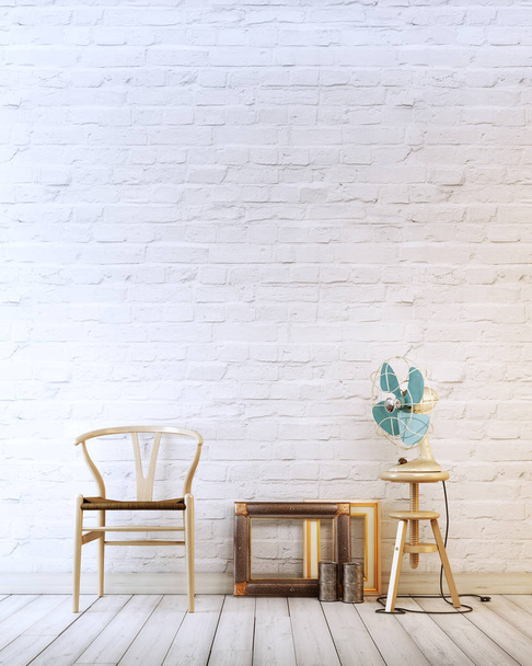 Pared vacía con silla de madera y ventilador de aire en un fondo de ladrillo blanco interior moderno, representación 3D
 - Foto, Imagen