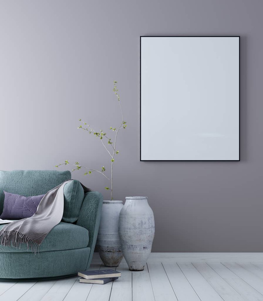 Poster-Attrappe mit pastellfarbenem skandinavischem minimalistischen Interieur, 3D-Rendering, - Foto, Bild