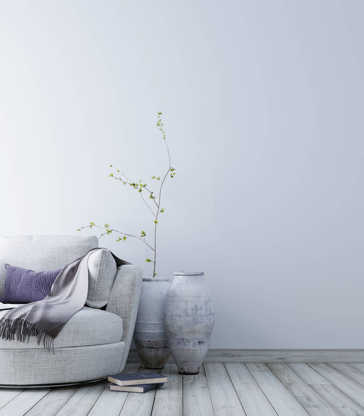 Prázdná stěna pro makety s pastelové skandinávské minimalistický interiér pozadí, 3d vykreslování, - Fotografie, Obrázek