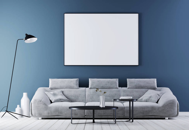 Montura de póster simulada en el interior de la vendimia moderna, sala de estar con sofá de cuero blanco, representación 3d
 - Foto, imagen