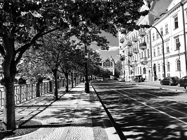 Városképet gazdagító épületnek szánták: városi kilátás nyílik a folyóparton, a Moldva-folyó, a járdán, a fák és a város épületek Nov Mesto (Újváros), Prága, Cseh Köztársaság, a Smetanovo Nbre Street, egy napsütéses napon. Gyönyörű fekete-fehér kép a nagy európai város. - Fotó, kép
