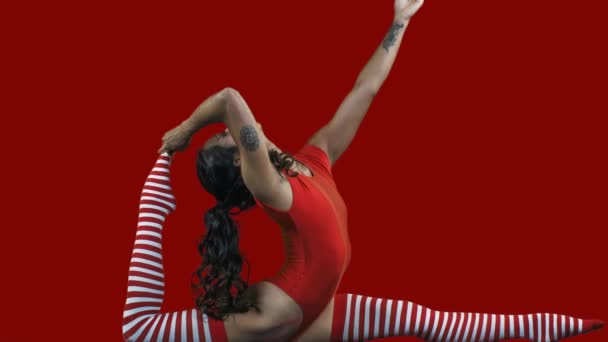 Mujer joven en cuerpo gimnástico rojo haciendo ejercicios
  - Metraje, vídeo