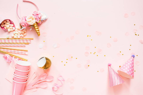 Birthday party in unicorn theme on pink flat lay. - Photo, Image