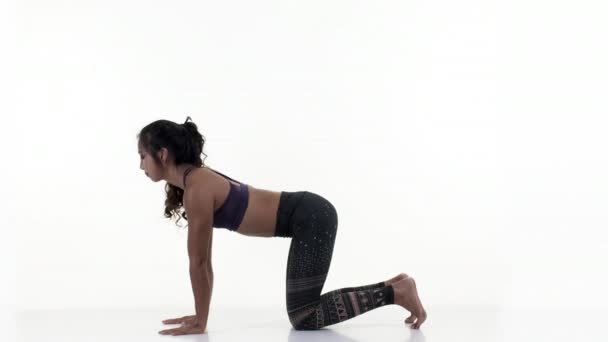 geweldig vrouwelijke yoga-instructeur verplaatsen tussen poses tegen witte achtergrond - Video