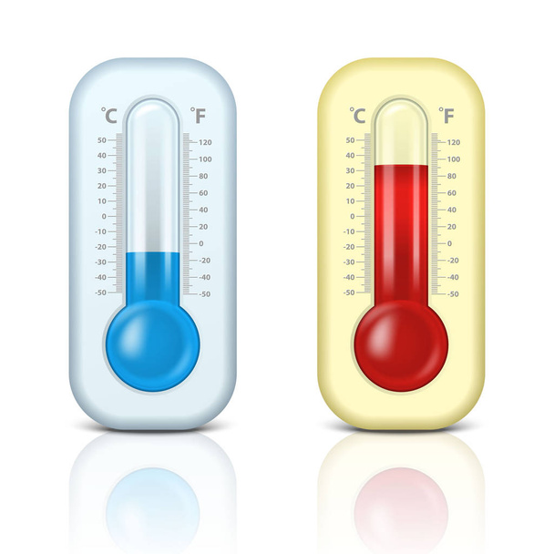 Two vector realistic 3d celsius and fahrenheit meteorology, weather thermometer sign icon set closeup isolated on white background. Clip art, design template for graphics. Thermometers with different - ベクター画像