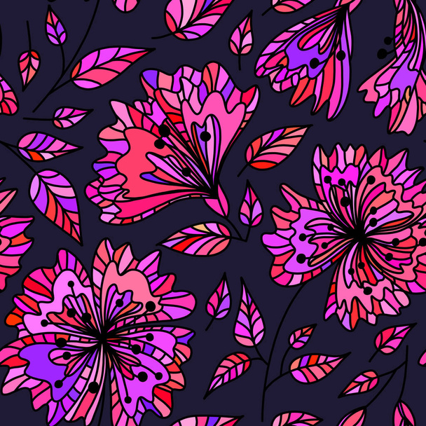 Repeatable background. Vector seamless pattern wild plants, herbs and flowers, fol artistic botanical illustration in folk style, hand drawn floral motif with outlined ornamental plants. - Вектор,изображение