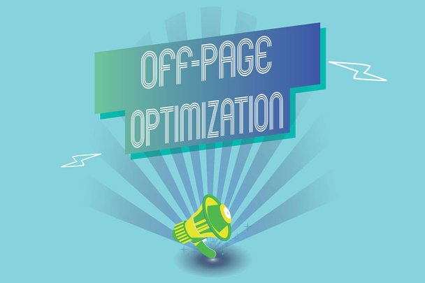 Schreiben Notiz zeigt Off-Page-Optimierung. Geschäftsfotos, die das Ranking externer Process Promotional Method auf der Website präsentieren - Foto, Bild