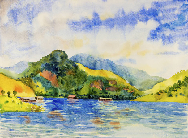 Aquarelle paysage peinture originale coloré de ponton chalet et rivière, réservoir en montagne, matin, avec ciel, vue sur les nuages de fond. Peint à la main, beauté nature été saison en Thaïlande
. - Photo, image