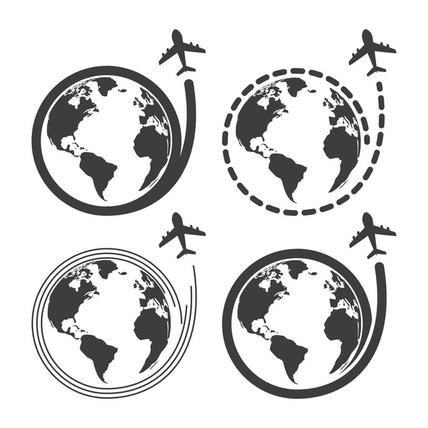 Reise-Set-Symbole mit Flugzeug fliegen um die Erde - Vektor, Bild