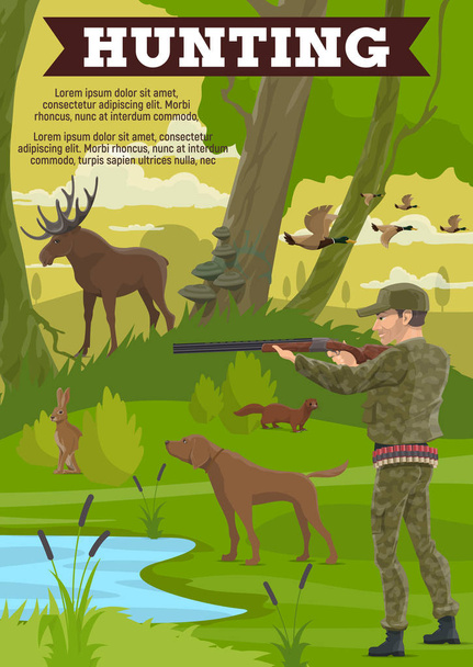 Αφίσα υπαίθρια δραστηριότητα άθλημα κυνήγι με κυνηγό - Διάνυσμα, εικόνα