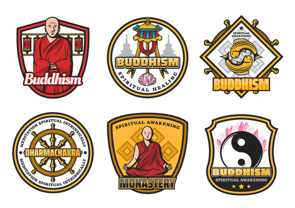 Buddhism religion symbols, monk and signs - Vector, Image