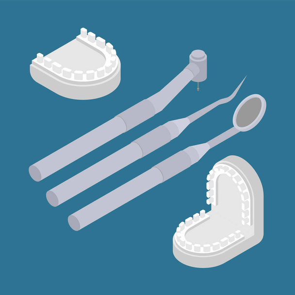 Sádrovec čelist pro zubaře a nástroje. Obsazení zubů. Zubní ošetření. Stomatologie vektorové ilustrace - Vektor, obrázek