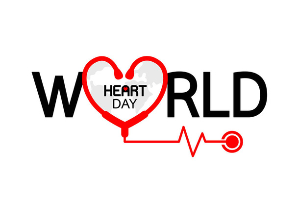Dünya Kalp günü stetoskop ve kalp atışı. Tasarım poster ve başlık sayfası için yazı. Beyaz arka plan üzerinde izole vektör çizim. - Vektör, Görsel
