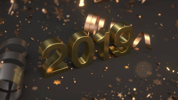 Golden 2019 number with confetti and serpentine on black background. 2019 new year sign. 3D rendering illustration - Foto, afbeelding