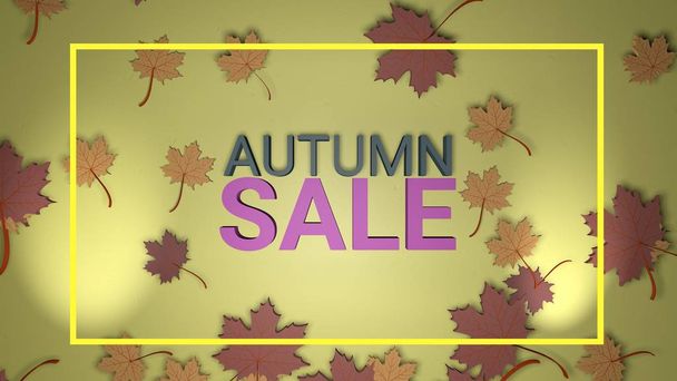 Autumn sale banner, 3d render paper colourful tree leaves on yellow background.  - Photo, Image