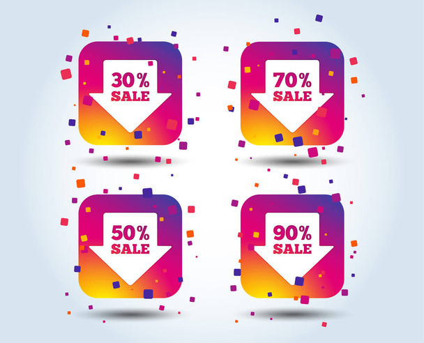 Sale arrow tag icons. Discount special offer symbols. 30%, 50%, 70% and 90% percent sale signs. Colour gradient square buttons. Flat design concept. Vector - Vektör, Görsel