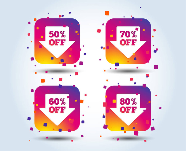 Sale arrow tag icons. Discount special offer symbols. 50%, 60%, 70% and 80% percent off signs. Colour gradient square buttons. Flat design concept. Vector - Вектор,изображение